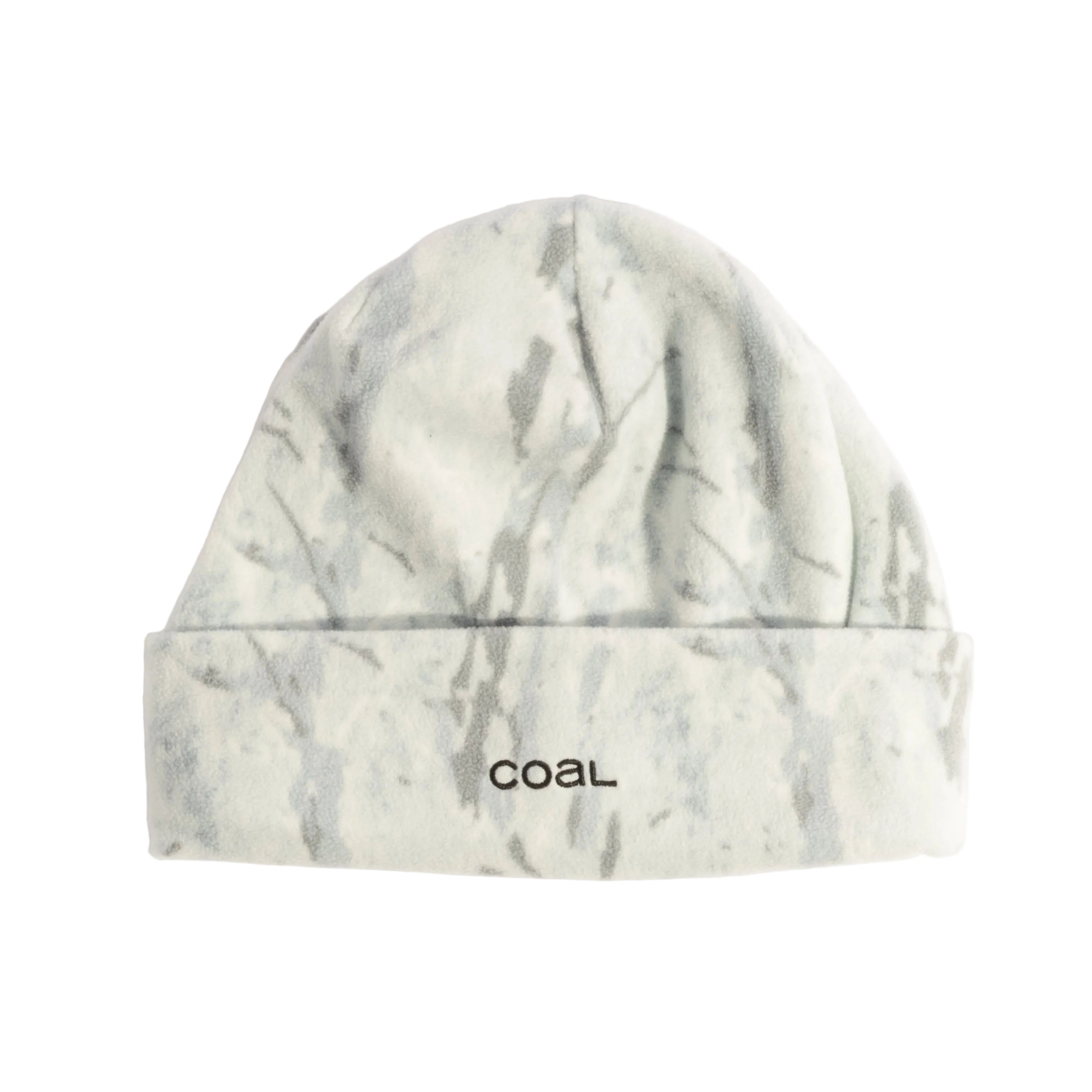 Marble-patterned beanie with 'coal' logo on a light gray background