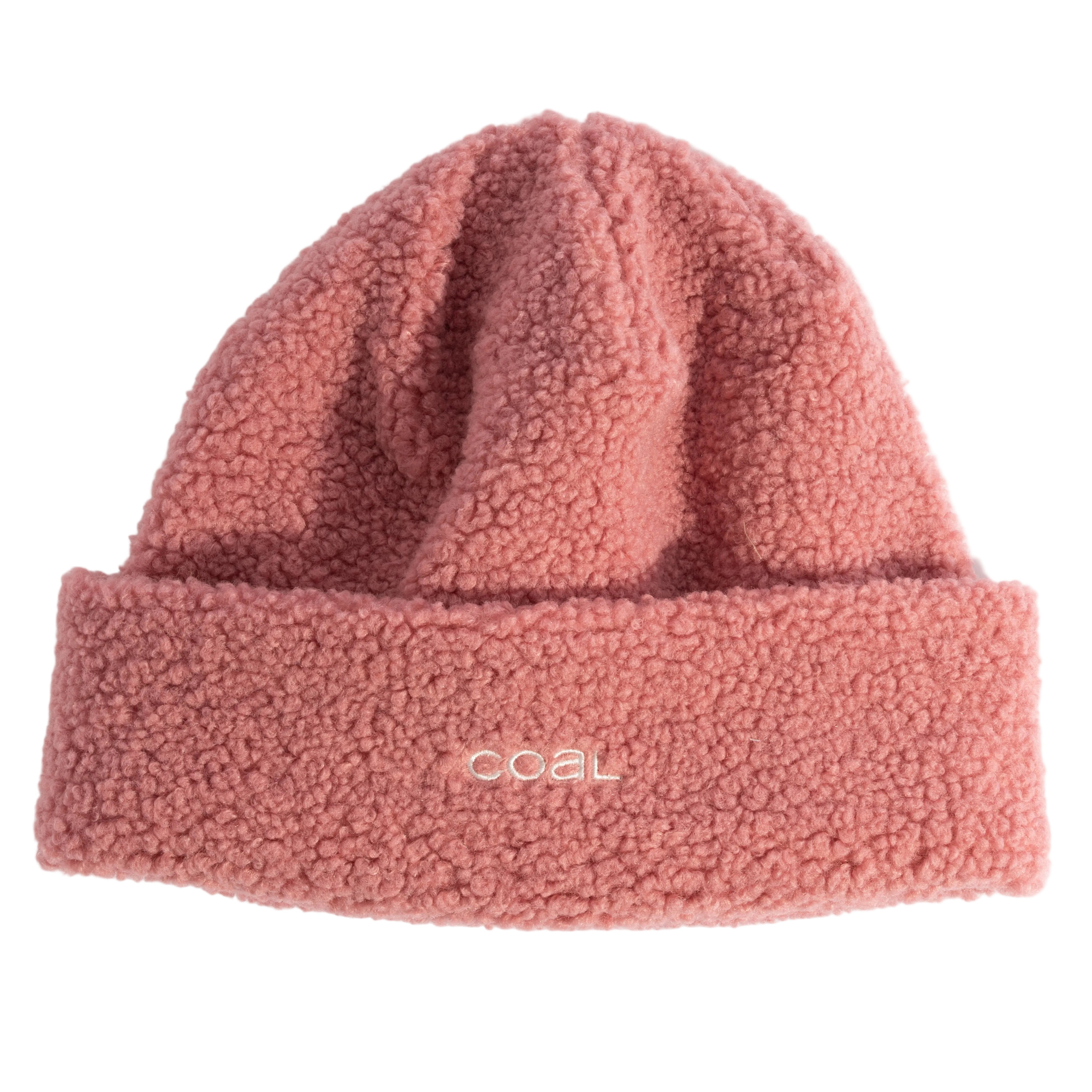 Pink fleece beanie with 'COAL' branding on a white background