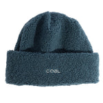 Blue fleece beanie with 'coal' logo on a white background