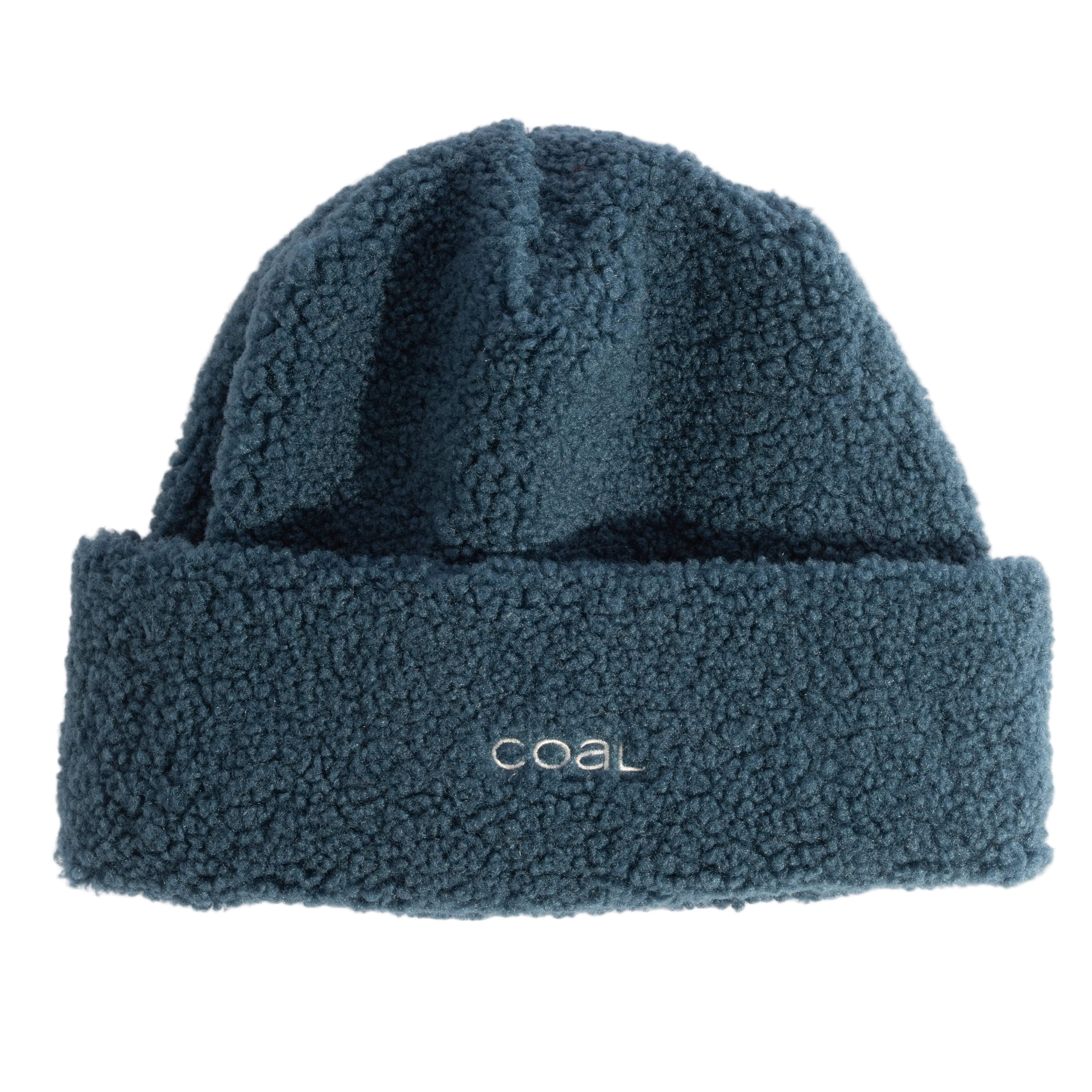 Blue fleece beanie with 'coal' logo on a white background
