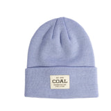 Blue beanie with a coal label on a light gray background