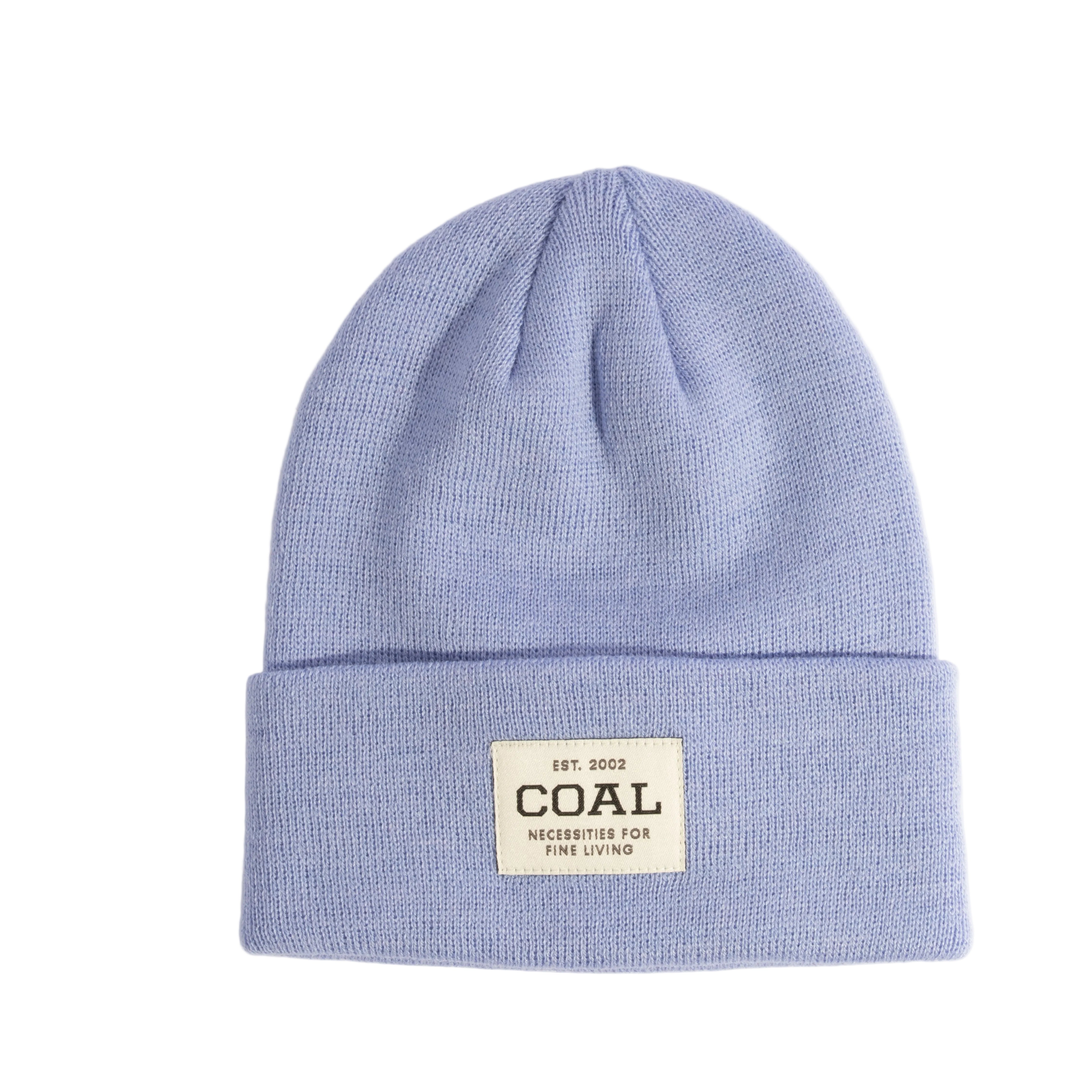 Blue beanie with a coal label on a light gray background