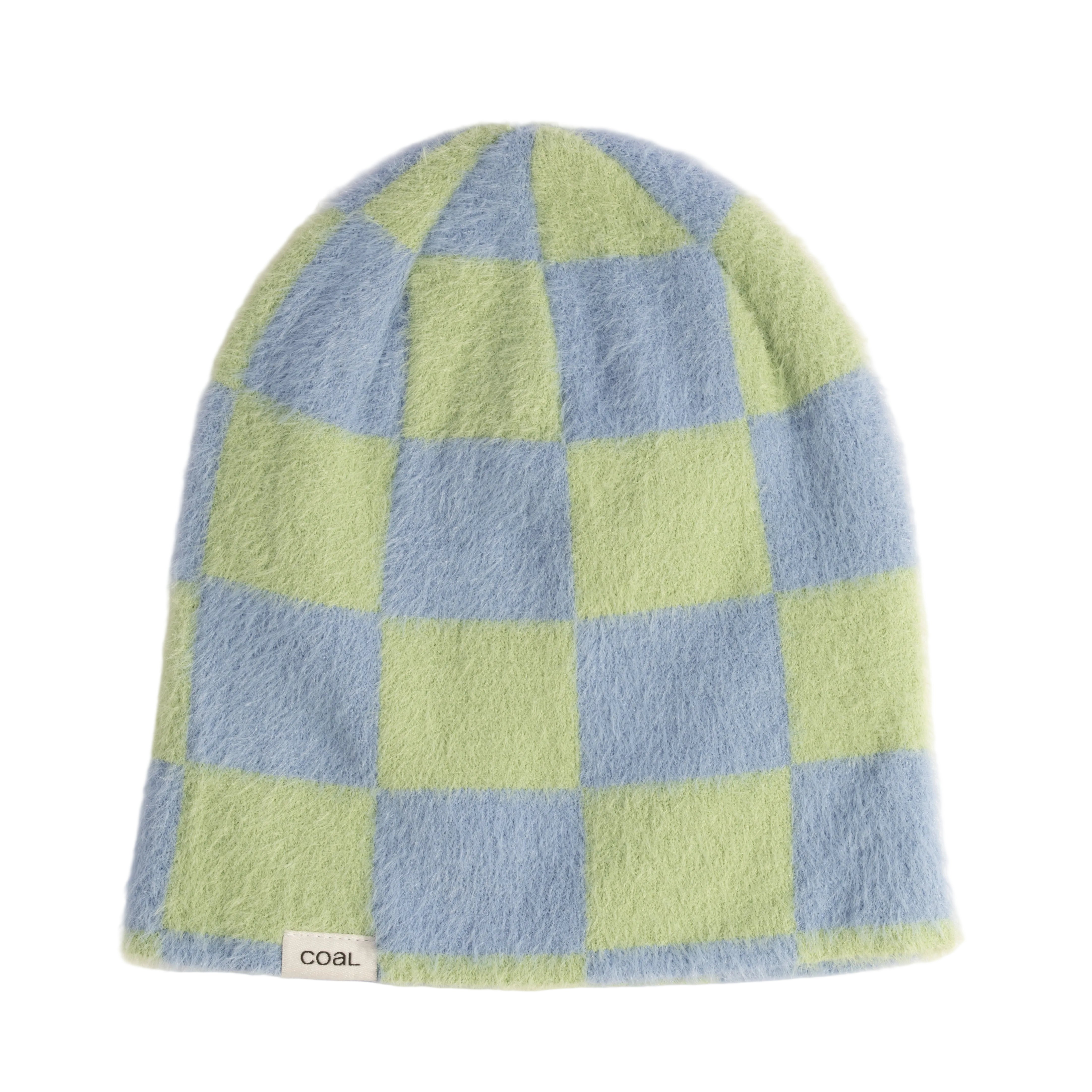 Checkered beanie with green and blue squares on a white background