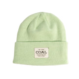 Light green beanie with a visible brand label on a light gray background