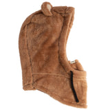 Brown plush hood with bear ears on a white background