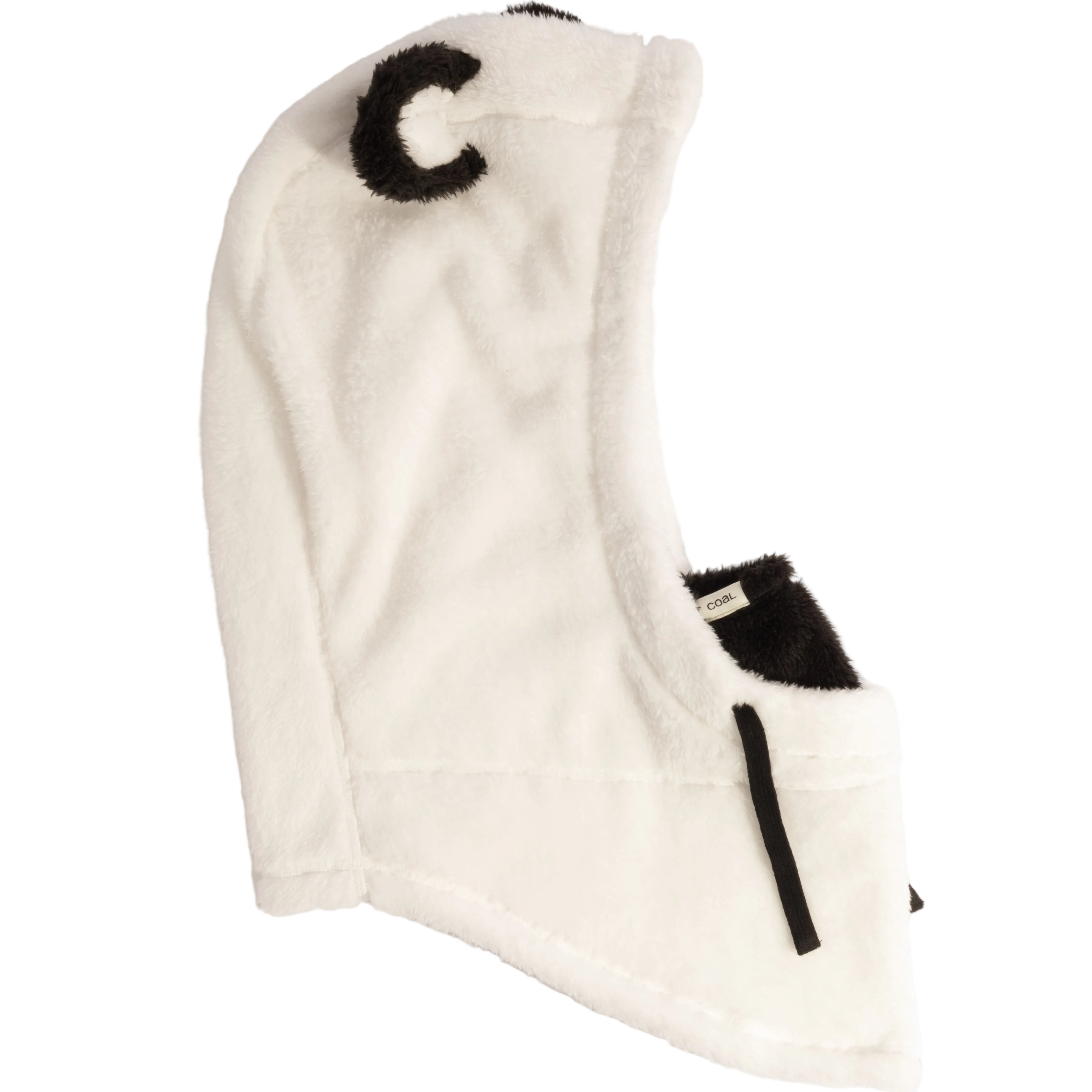 White fleece hood with black ears on a white background