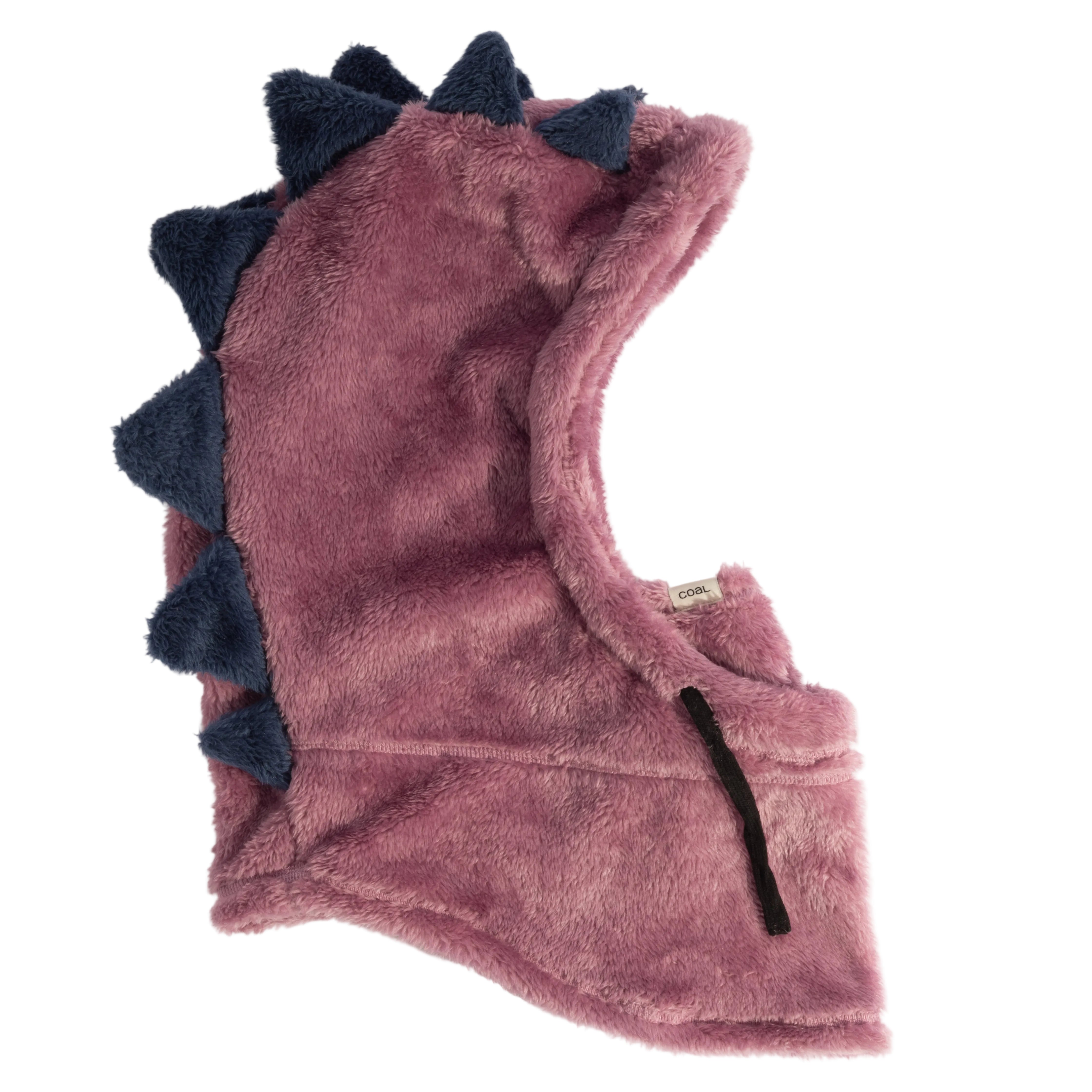 Pink plush dinosaur hood with blue spikes on a light background