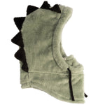 Green fleece hood with black spikes on a light background