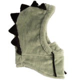 Green fleece hood with black spikes on a light background