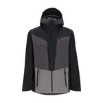 Obermeyer Foraker Shell Jacket 2025 - A black jacket with a hood, featuring diagonal zippered pockets and a reflective logo on the left chest.