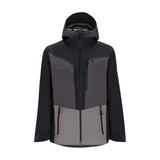 Obermeyer Foraker Shell Jacket 2025 - A black jacket with a hood, featuring diagonal zippered pockets and a reflective logo on the left chest.