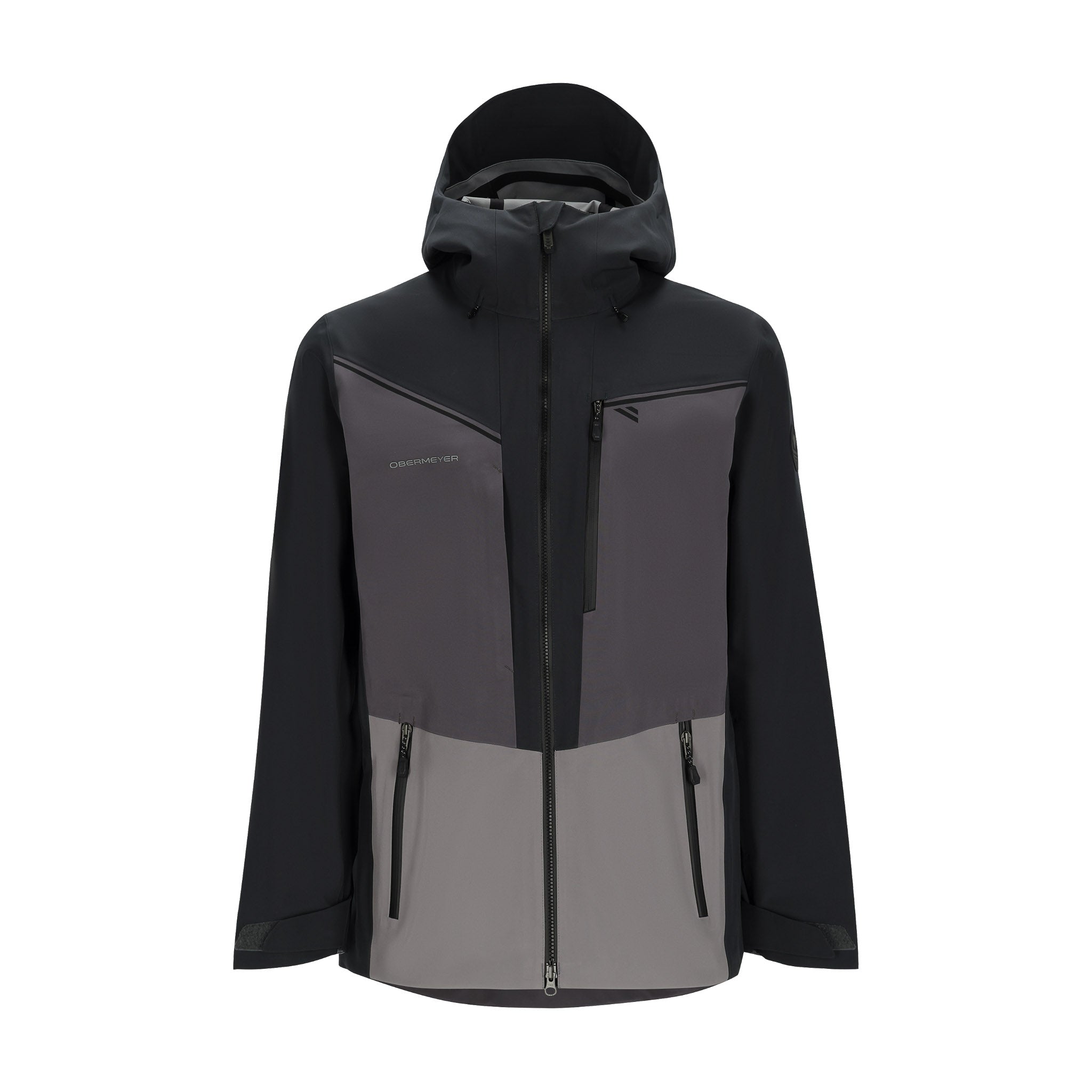 Obermeyer Foraker Shell Jacket 2025 - A black jacket with a hood, featuring diagonal zippered pockets and a reflective logo on the left chest.