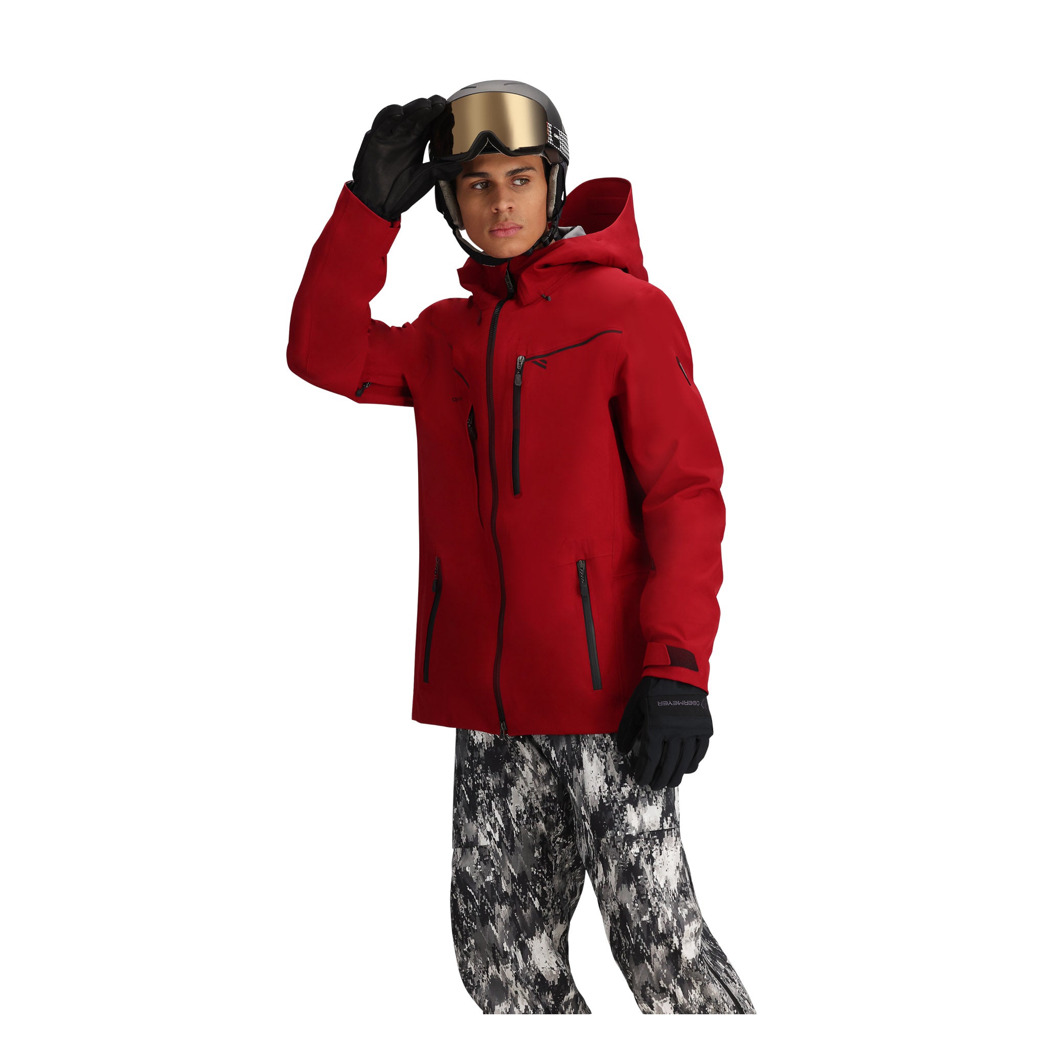 Obermeyer Foraker Shell Jacket - A red ski jacket with a black zipper and two zippered pockets on the front.