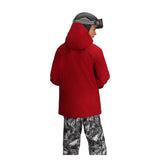 Obermeyer Foraker Shell Jacket 2025 - A red jacket with a hood, featuring black stitching and a zippered pocket on the left side.