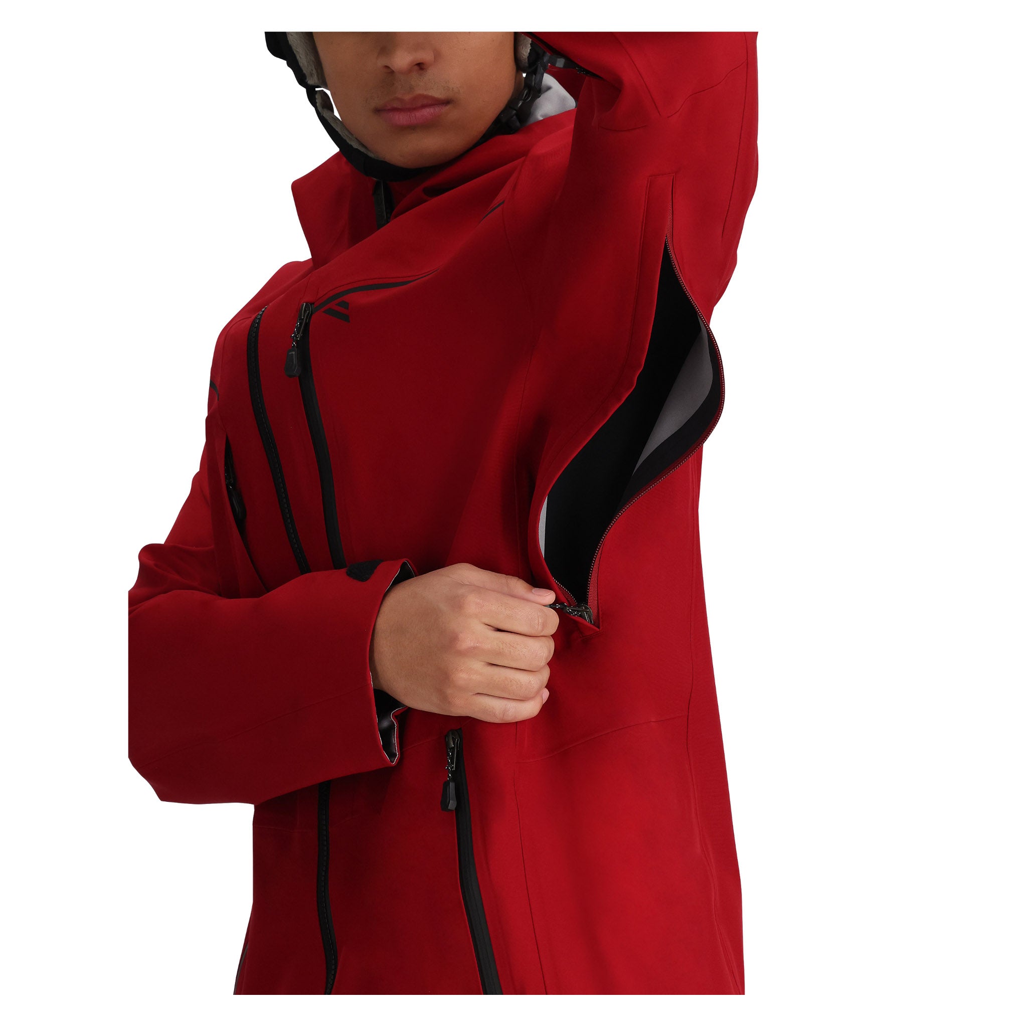 Obermeyer Foraker Shell Jacket - A red jacket with black zippers and a hood, featuring a zippered chest pocket on the left side.