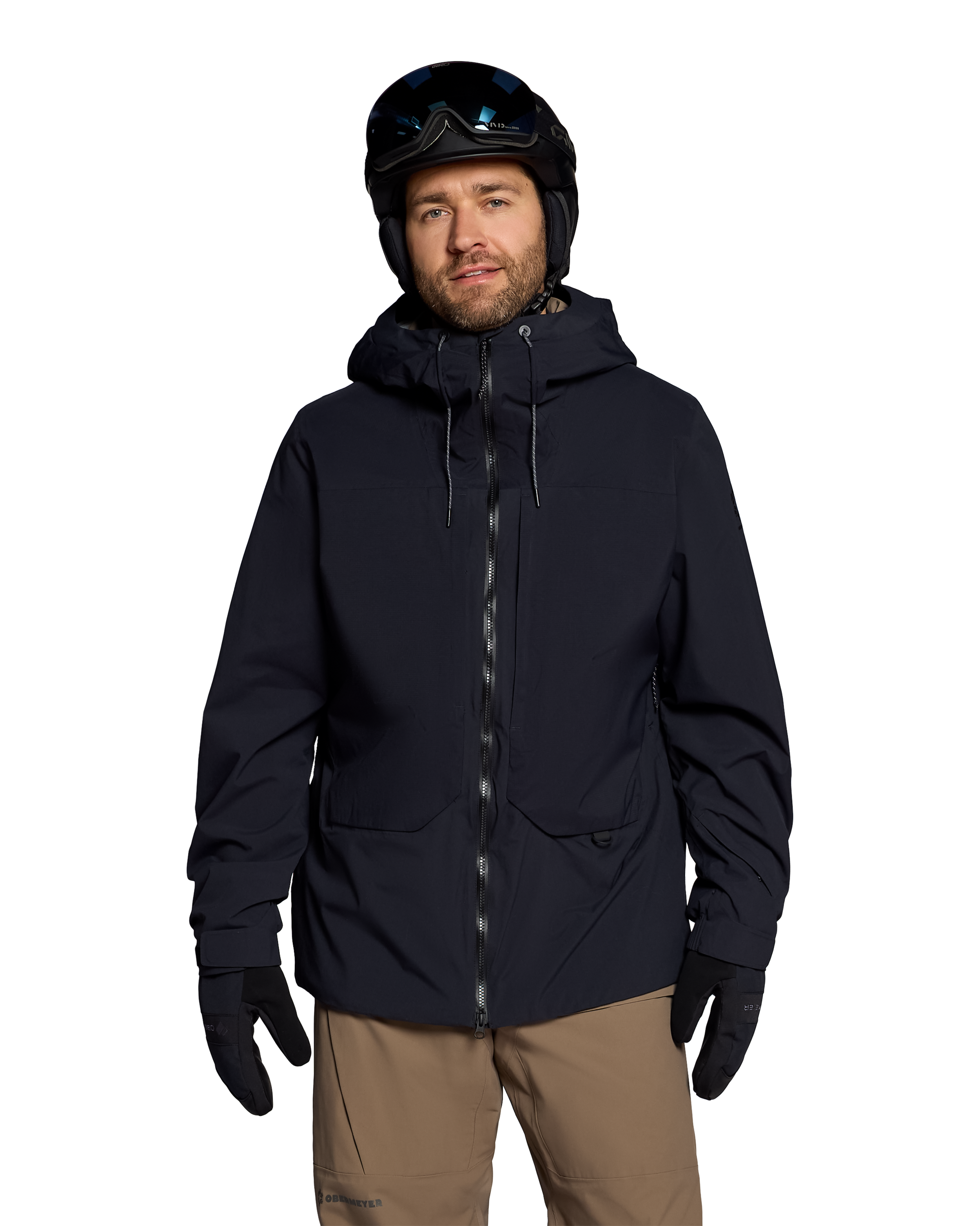 Obermeyer Tagert shell jacket in black, front-zip with drawstring hood and chest pockets.
