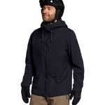 Black hooded shell jacket with front zipper, drawstring hood, and side pockets.