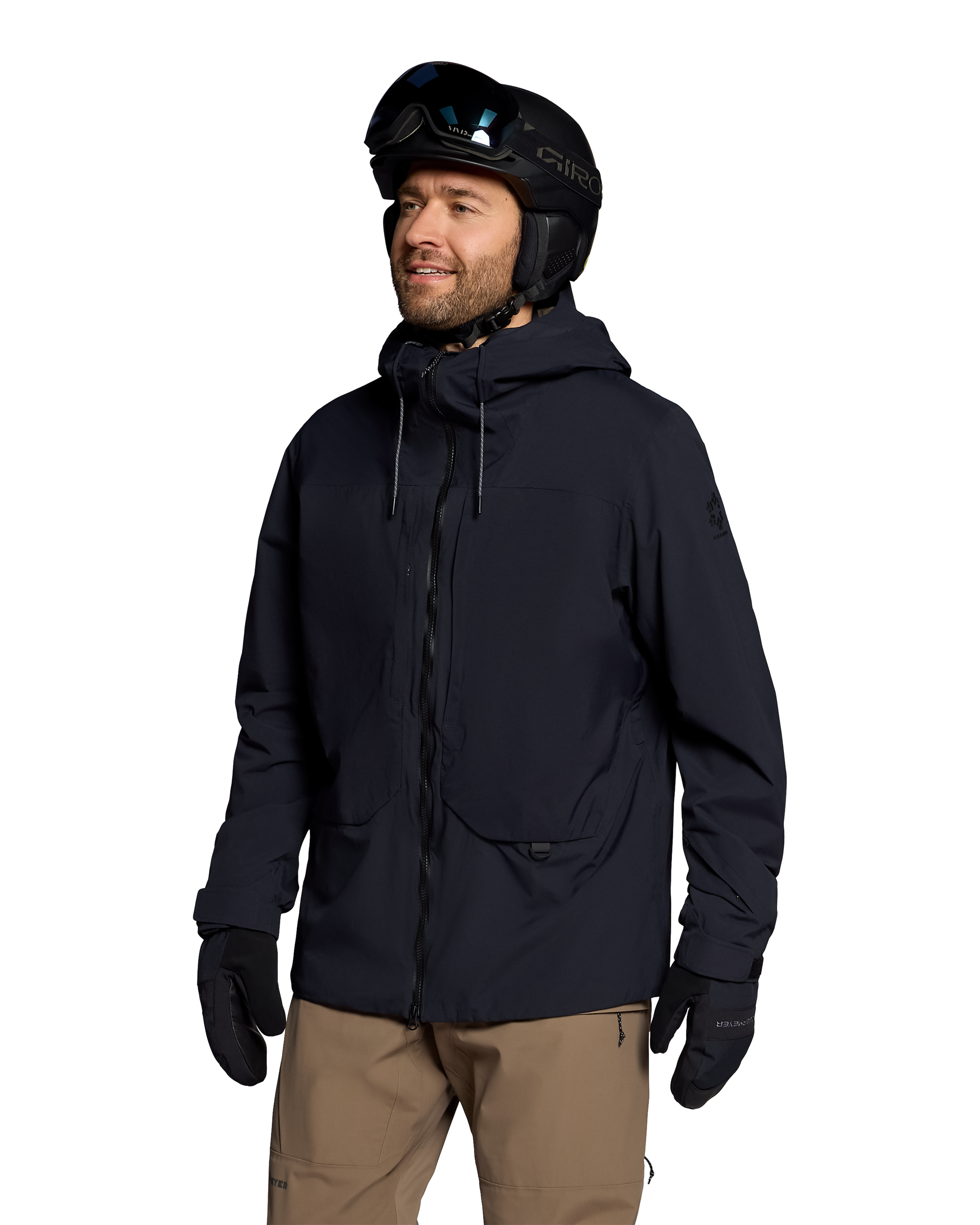 Black hooded shell jacket with front zipper, drawstring hood, and side pockets.