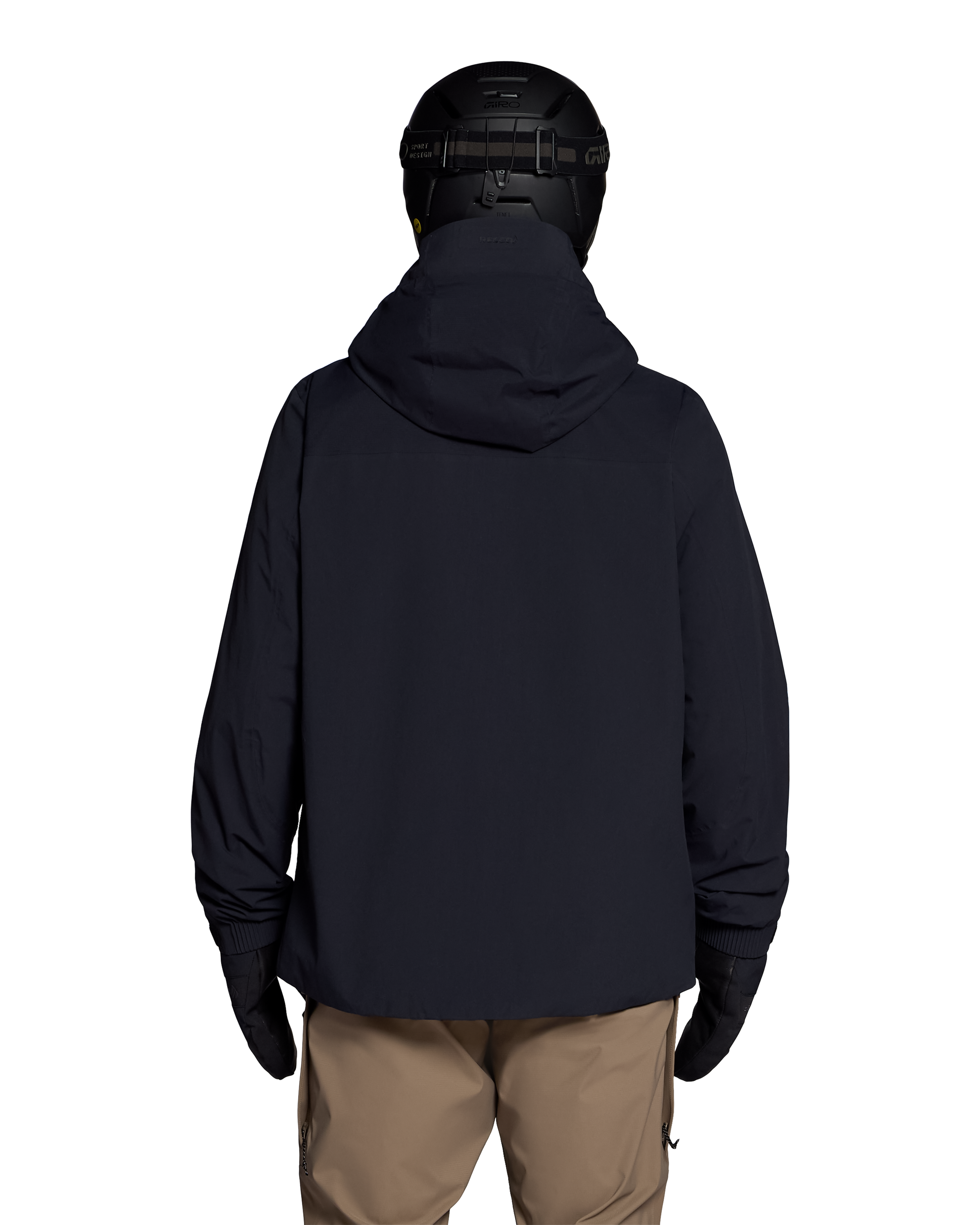 Black shell jacket back view with full hood and zipper; hem over tan pants.