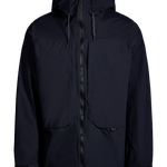 Black shell jacket front detail: full zipper, flap pockets, and adjustable drawstring hood.