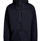 Black shell jacket front detail: full zipper, flap pockets, and adjustable drawstring hood.
