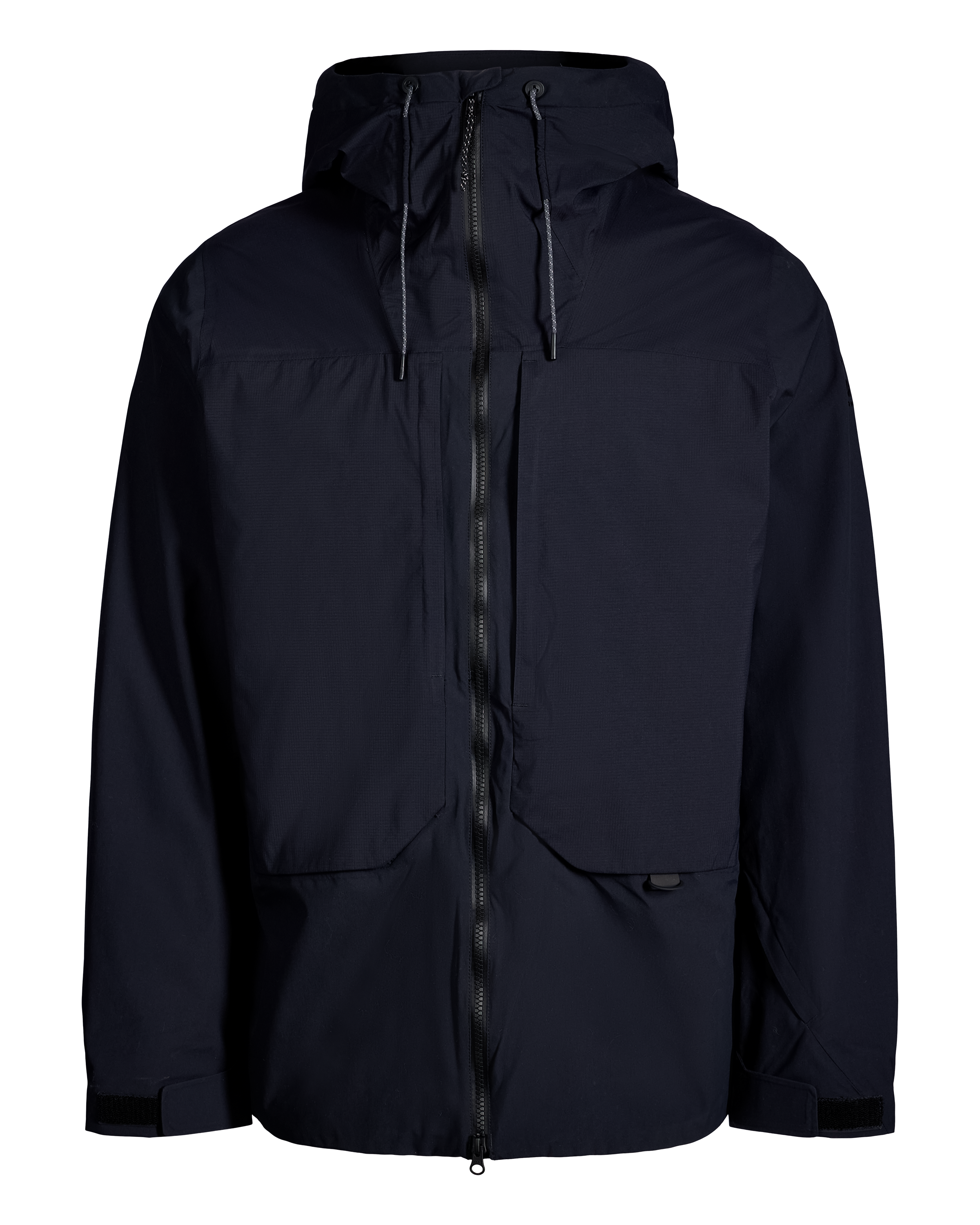 Black shell jacket front detail: full zipper, flap pockets, and adjustable drawstring hood.