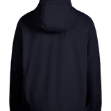 Black shell jacket back detail with hood and full-coverage zipper.