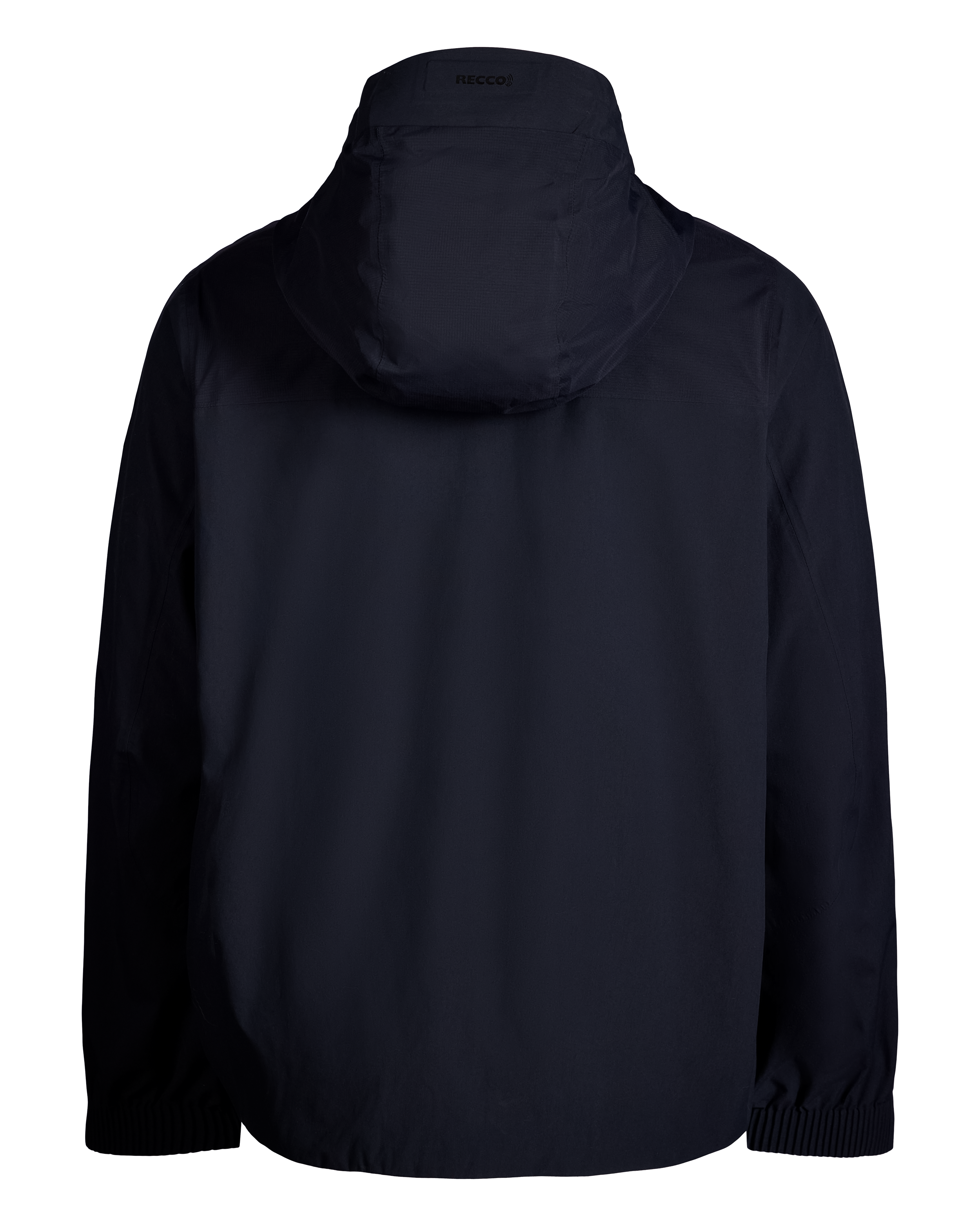 Black shell jacket back detail with hood and full-coverage zipper.