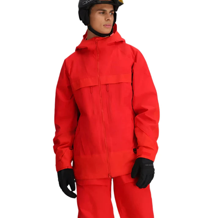 Obermeyer Steibis Jacket 2025 - A red ski jacket with a hood and two zippered chest pockets.