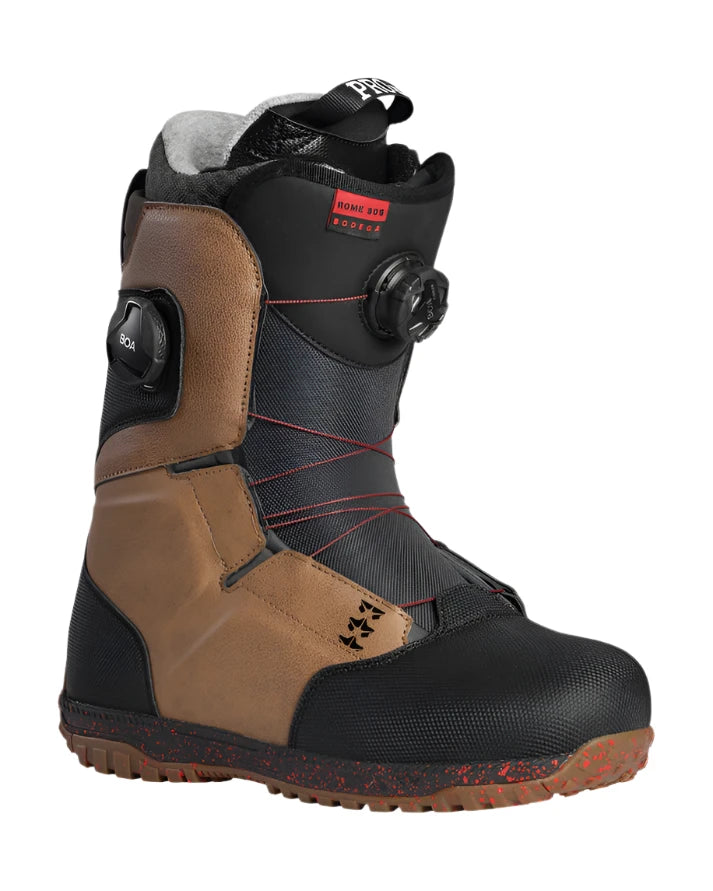 BODEGA BOA W BOOT 2022 - Black snowboard boots with a red logo on the side and black laces.