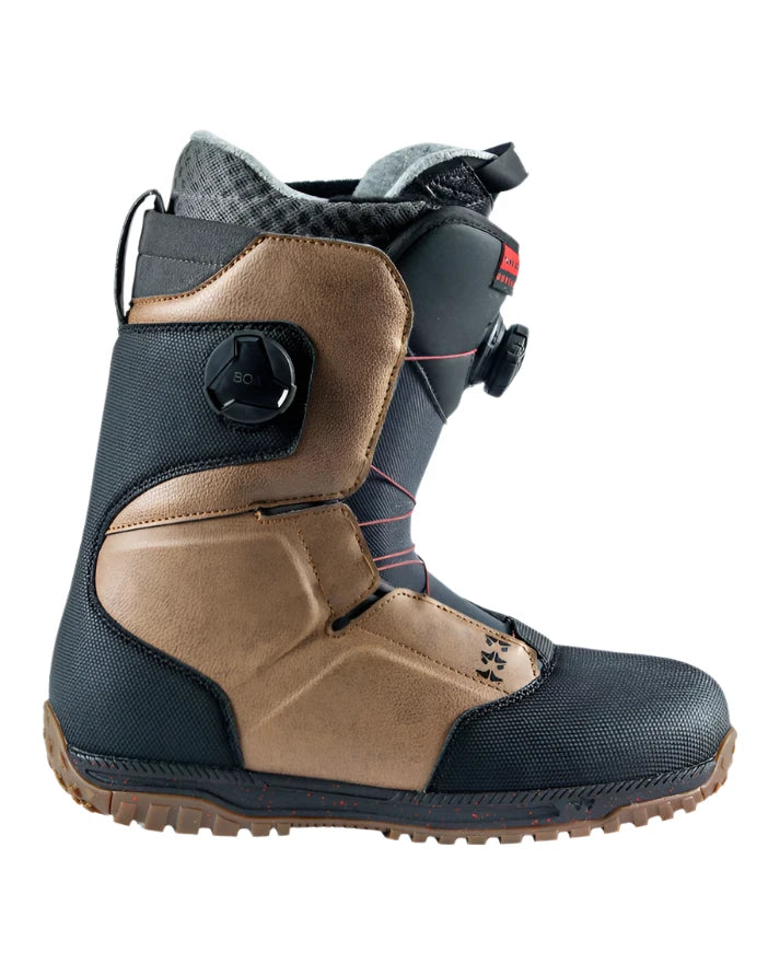 BODEGA BOA W BOOT 2022 - Black boots with tan accents and a black BOA dial on the side.