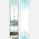 Burton Women's Family Tree Story Board B Grade Snowboard 2024 - A light blue snowboard with a mountain range and sun graphic on top.