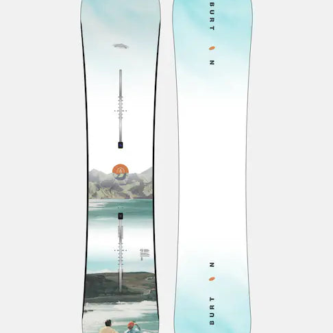Burton Women's Family Tree Story Board B Grade Snowboard 2024 - A light blue snowboard with a mountain range and sun graphic on top.