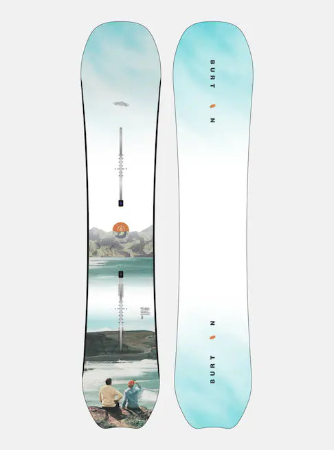 Burton Women's Family Tree Story Board B Grade Snowboard 2024 - A light blue snowboard with a mountain range and sun graphic on top.