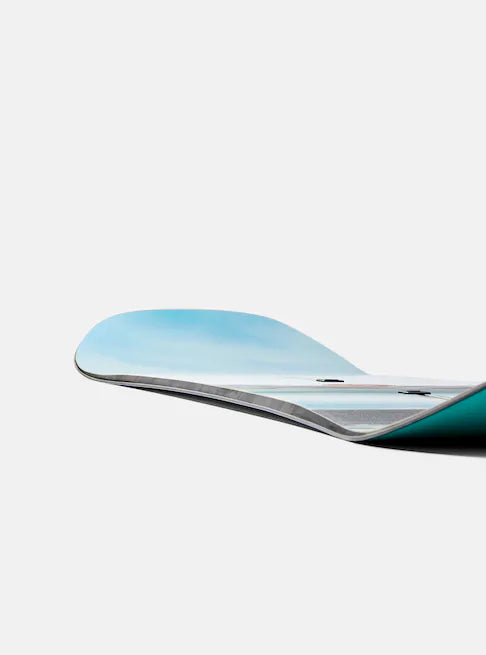 Burton Women's Family Tree Story Board B Grade Snowboard 2024 - A snowboard with a light blue top sheet and dark gray base, featuring a distinctive Burton logo on the bottom of the board.