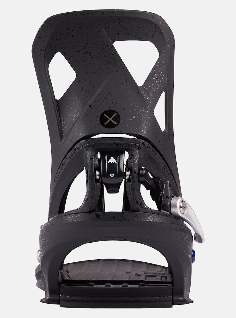 Burton Step On X Snowboard Bindings 2025 - A pair of black snowboard bindings with silver buckles and a white mountain logo on the baseplate.