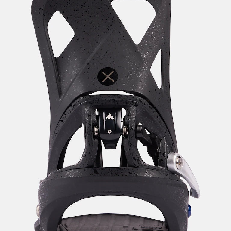 Burton Step On X Snowboard Bindings 2025 - A pair of black snowboard bindings with silver buckles and a white mountain logo on the baseplate.