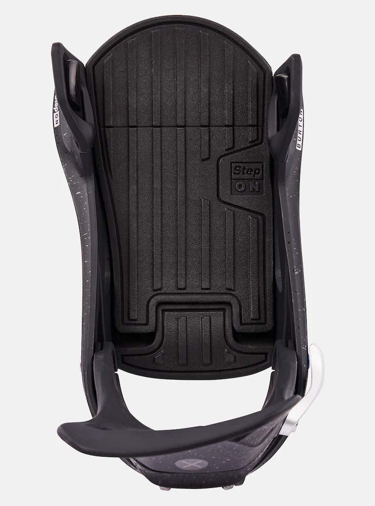 Burton Step On X Snowboard Bindings 2025 - A black snowboard binding with a textured pattern on the baseplate and silver buckles.