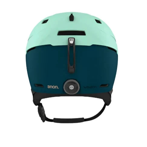 Anon Merak Wavecel Helmet 2025 - A mint green helmet with a black chin strap and ventilation holes on top.