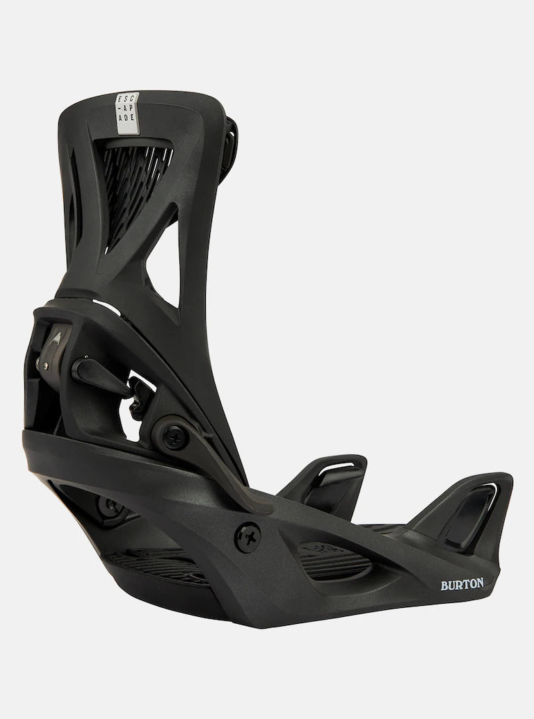 Burton Women's Escapade Step On Snowboard Bindings 2025 - A black snowboard binding with a white logo on top and silver buckles.