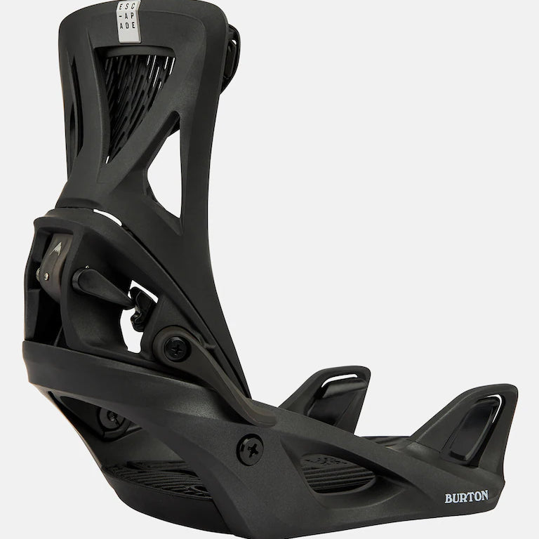 Burton Women's Escapade Step On Snowboard Bindings 2025 - A black snowboard binding with a white logo on top and silver buckles.