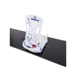 Burton Women's Escapade Step On Snowboard Bindings 2025 - A white snowboard binding with a blue stripe on top, sitting atop a black snowboard.