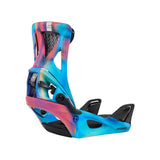 Burton Women's Escapade Step On Snowboard Bindings - A pair of women's snowboard bindings with a blue and pink tie-dye pattern on the highback, featuring black buckles and straps.