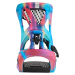 Burton Women's Escapade Step On Snowboard Bindings 2025 - A pair of women's snowboard bindings with a sleek, modern design and vibrant tie-dye pattern in shades of pink, blue, yellow, and purple.