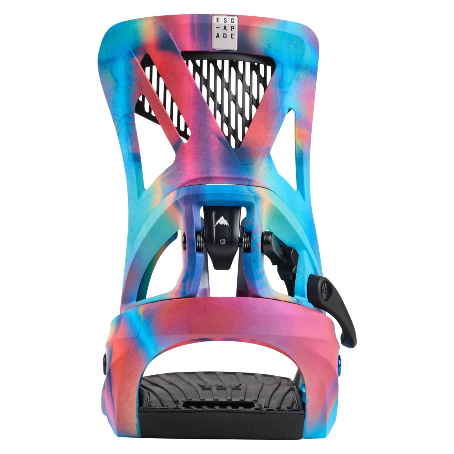 Burton Women's Escapade Step On Snowboard Bindings 2025 - A pair of women's snowboard bindings with a sleek, modern design and vibrant tie-dye pattern in shades of pink, blue, yellow, and purple.