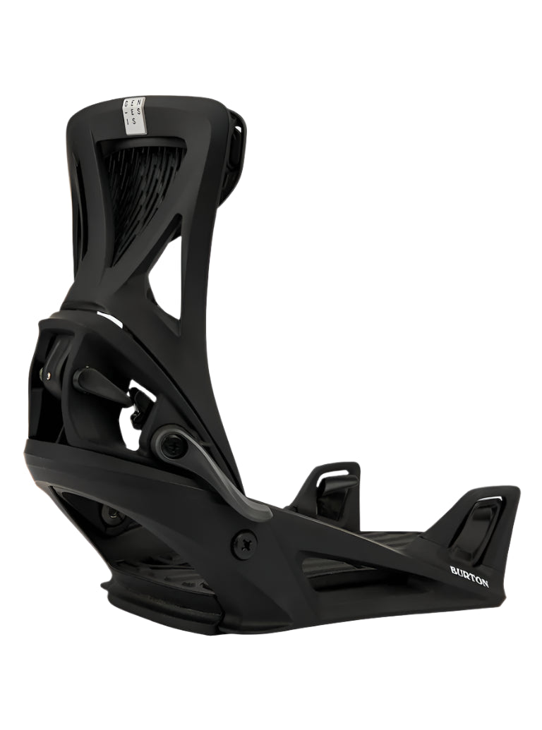 Burton Genesis Step On Snowboard Bindings 2025 - Black bindings with a textured strap and silver buckle.
