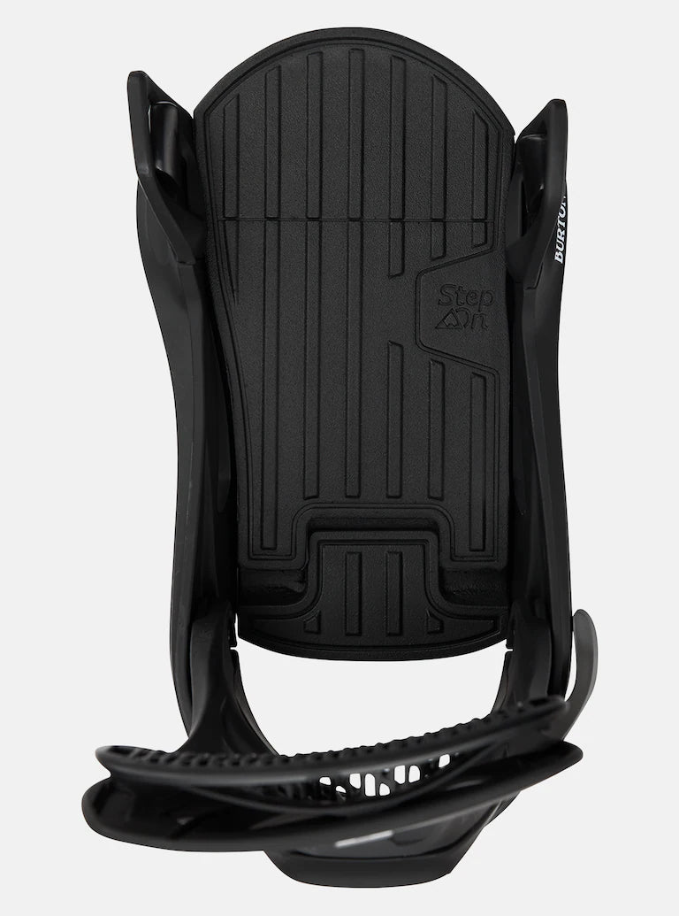 Burton Genesis Step On Snowboard Bindings - 2025 model with black bindings and a silver Burton logo on the strap.