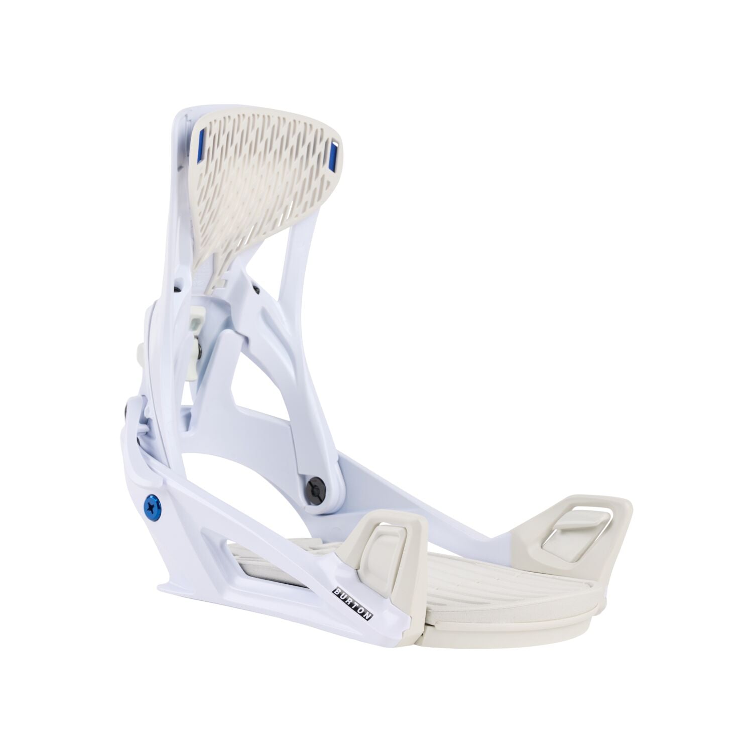 Burton Genesis Step On Snowboard Bindings - White bindings with blue accents and a textured toe strap.