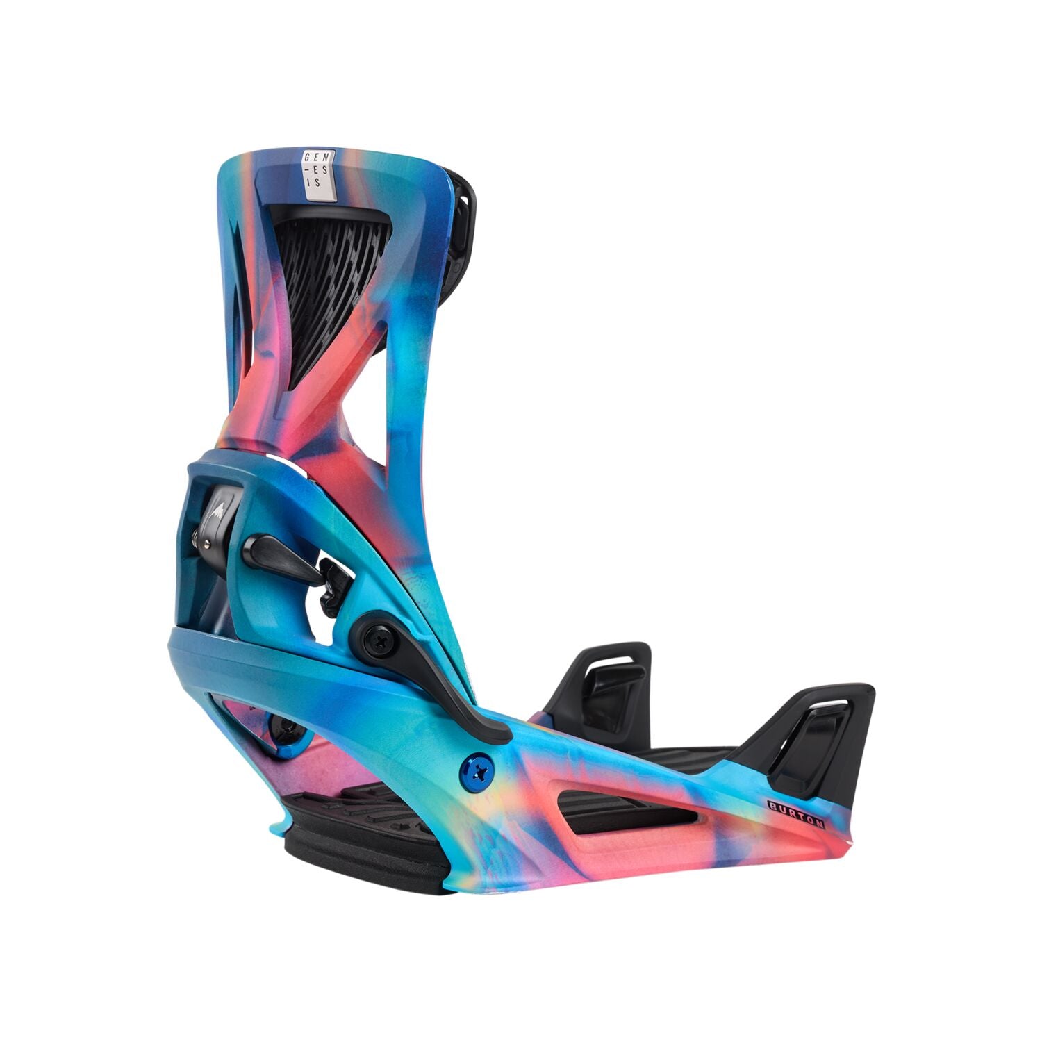 Burton Genesis Step On Snowboard Bindings 2025 - A pair of snowboard bindings with a predominantly black base and silver buckles.
