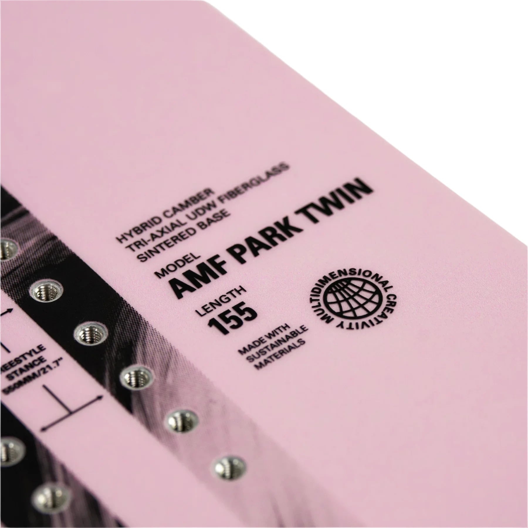 Whitespace AMF Park Twin Limited Edition Snowboard 2024 - A limited edition snowboard with a sleek design and unique color scheme, featuring a distinctive logo on its top surface.